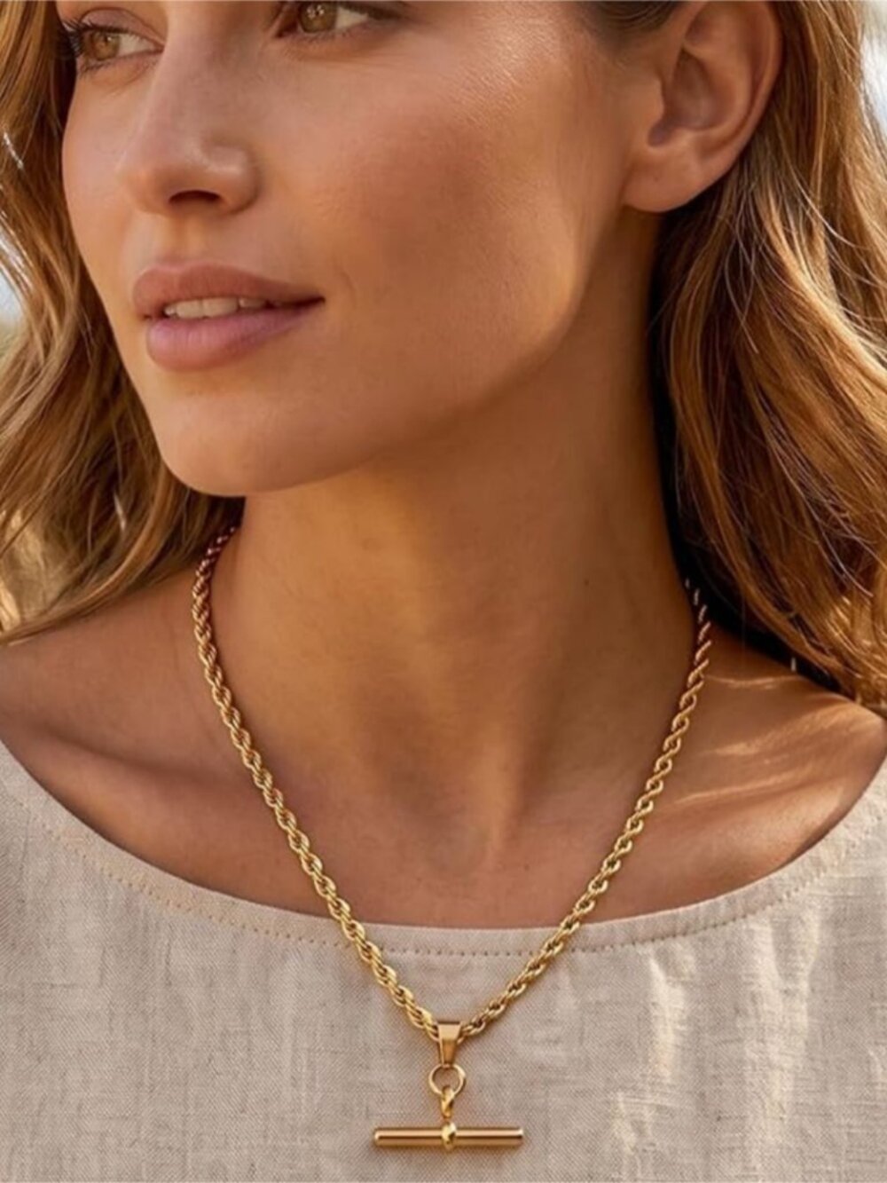 Gold T-Bar Rope Necklace - Picture 2 of 4